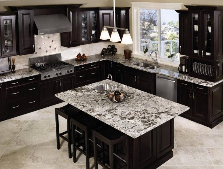 Quartzite style white stone island countertop
